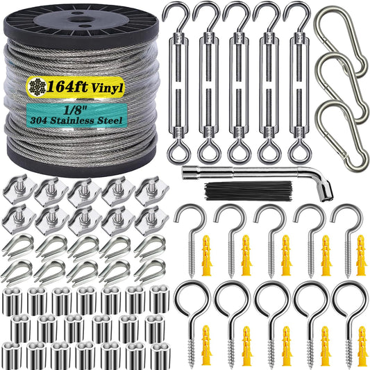 1/8" Wire Rope Kit with M5 Turnbuckles - 164FT Vinyl Coated Stainless Steel Cable, 7x7 Braided Strands Aircraft Cable for Climbing Plants, Outdoor String Lights Hanging-VerdiqueGarden