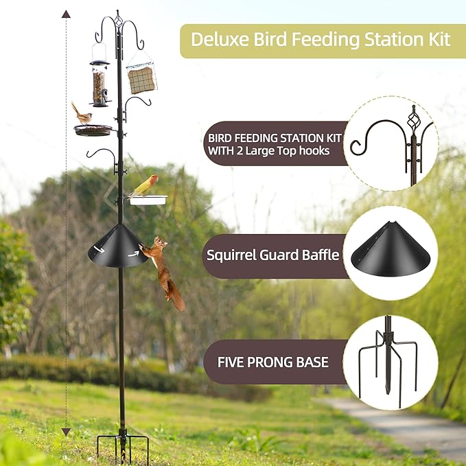 Deluxe Bird Feeding Station Kit - Wild Bird Feeder Hanging Pole With Multi Feeder, Suet Cage, Planter Hanger, and Squirrel Guard Baffle for Attracting Birds-VerdiqueGarden