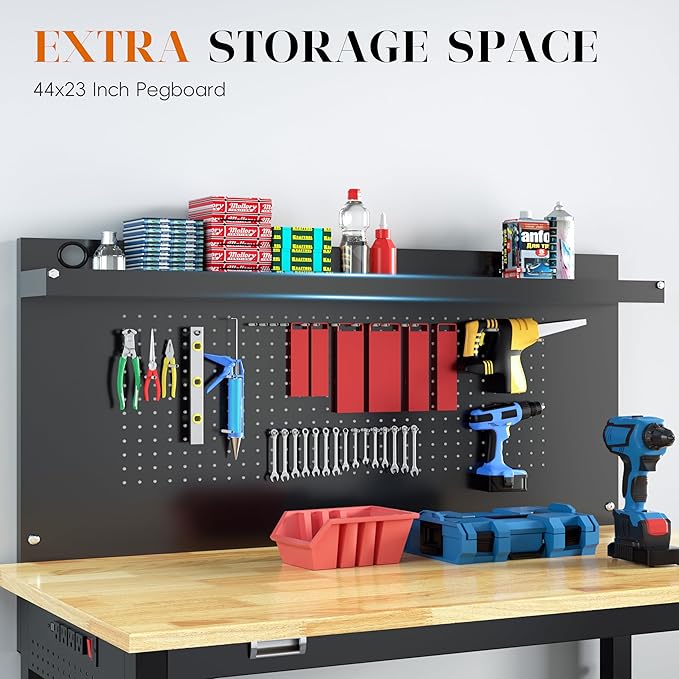 48" Heavy Duty Adjustable Workbench with Large Pegboard, Adjustable Work Table with Power Outlets & Lockable Wheels, Rubber Wood Workstation for Garage, Workshop, Office, Home, Commercial-VerdiqueGarden