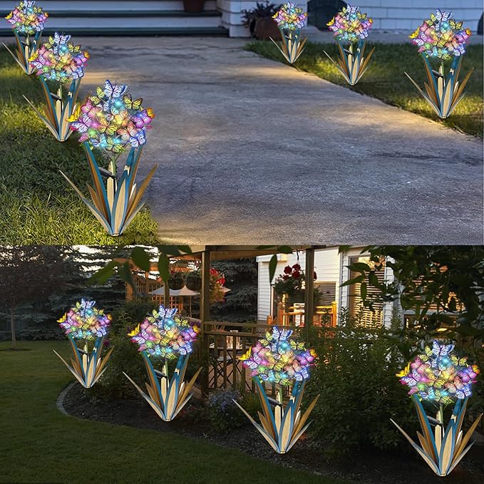 Homight Solar Metal Agave Butterfly Flower Stick Garden Sculpture - Outdoor Gift, Christmas Lights - Swaying Butterfly Garden Lights (2 PCS Blue)-VerdiqueGarden
