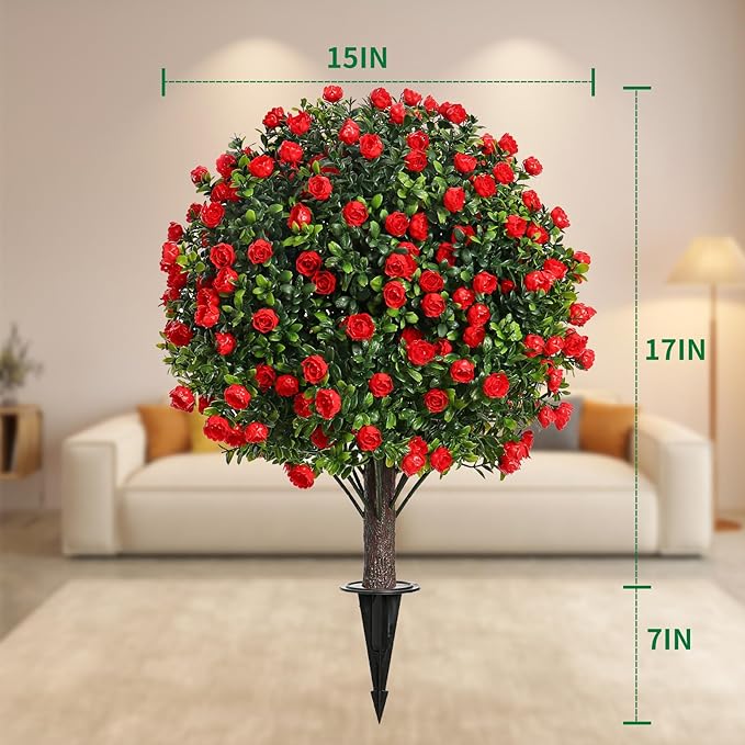 Artificial Rose Topiary Trees, 17 Inch UV-Resistant Red Flowers, Set of 2 with Ground Stakes, Indoor Outdoor Decorative Plants-VerdiqueGarden