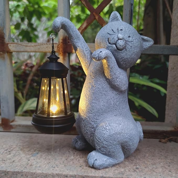 Cat Solar Garden Statues,Resin Cat Figurine Decorations with Solar Lights Lantern, Outdoor，Statue Decor Art for Lawn,Yard,Unique Housewarming Gift for Garden Home-VerdiqueGarden
