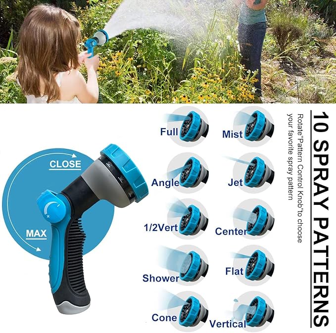 100Ft Non-Expandable Garden Hose, Flexible Water Hose with 10-Pattern Spray Nozzle, Lightweight Hose Pipe, Kink-Free, Leak-Proof, 3/4" Solid Metal Fittings-VerdiqueGarden