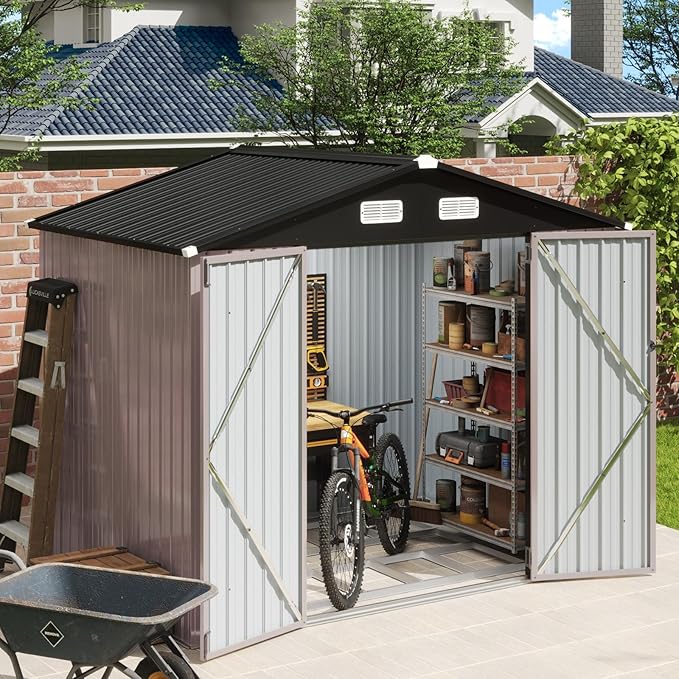 Aoxun 7x5 FT Outdoor Storage Shed with Base Garden Metal Shed with Lockable Door Outdoor Large Shed for Tool, Garbage Can, Bike, Mower, Brown-VerdiqueGarden