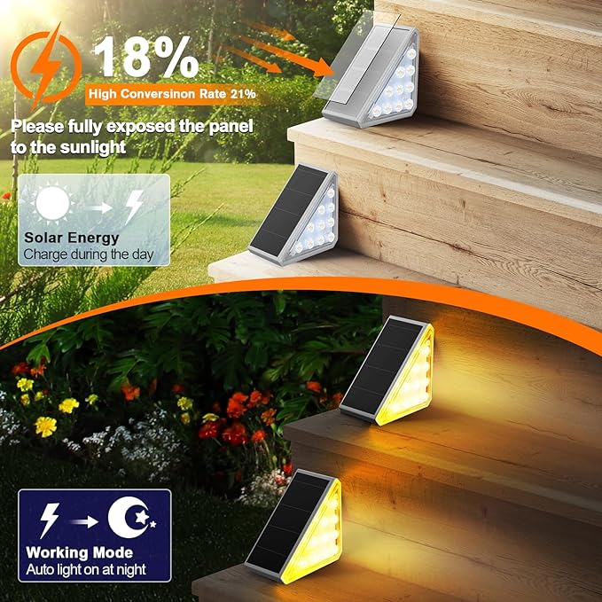 12 Pack Solar Stair Lights Outdoor Stair Lights with Waterproof IP67 LED Solar Light for Outside Light Decor for Stair, Deck, Front Step, Front Porch, Patio, Garden and Backyard-VerdiqueGarden
