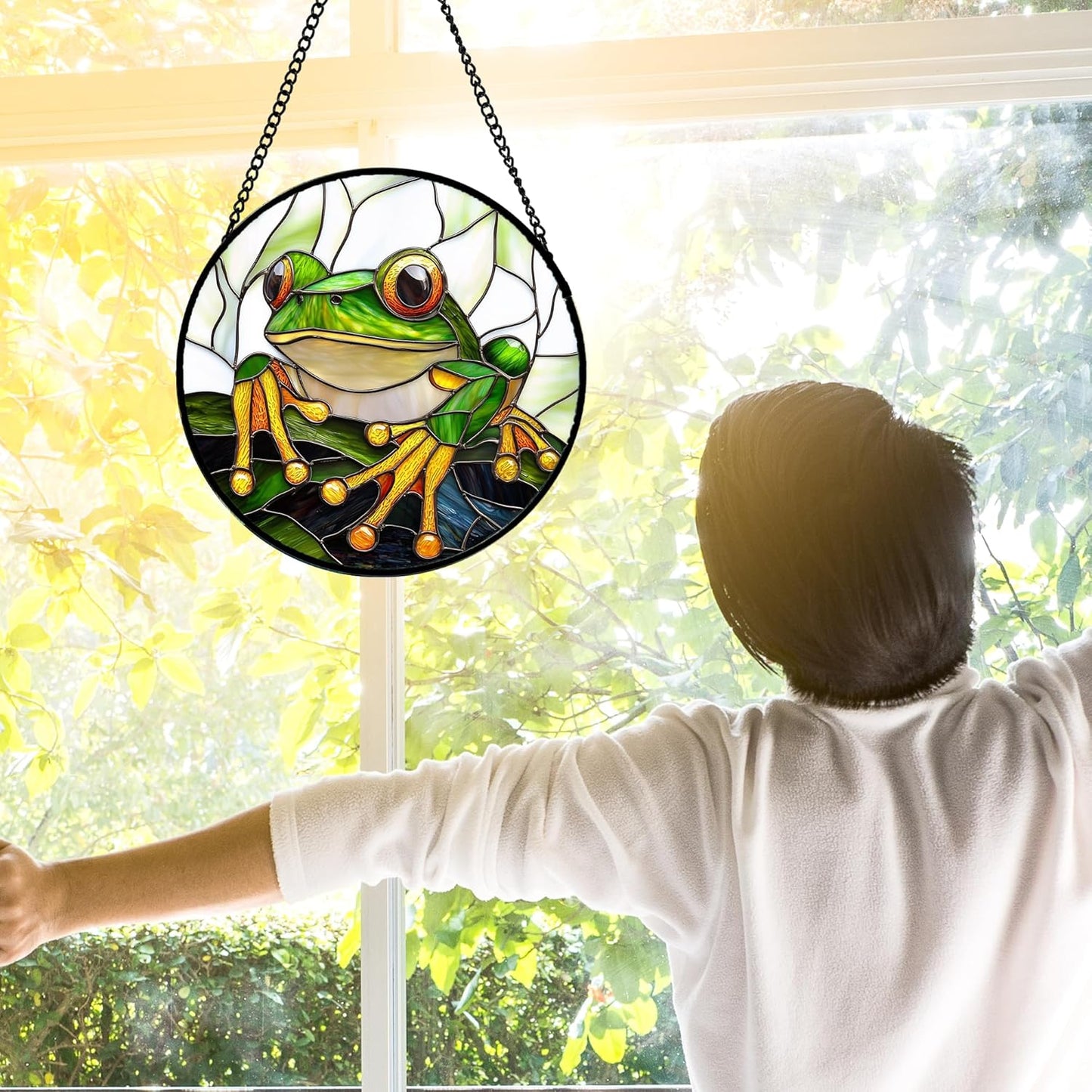 Stained Glass Window Hanging, Green Frog White Petals Sun Catchers Colorful Glass Panel Cute Suncatcher Decor for Birthday for Women, Men, Wife, Aunt, and Mom 7.8 in-VerdiqueGarden