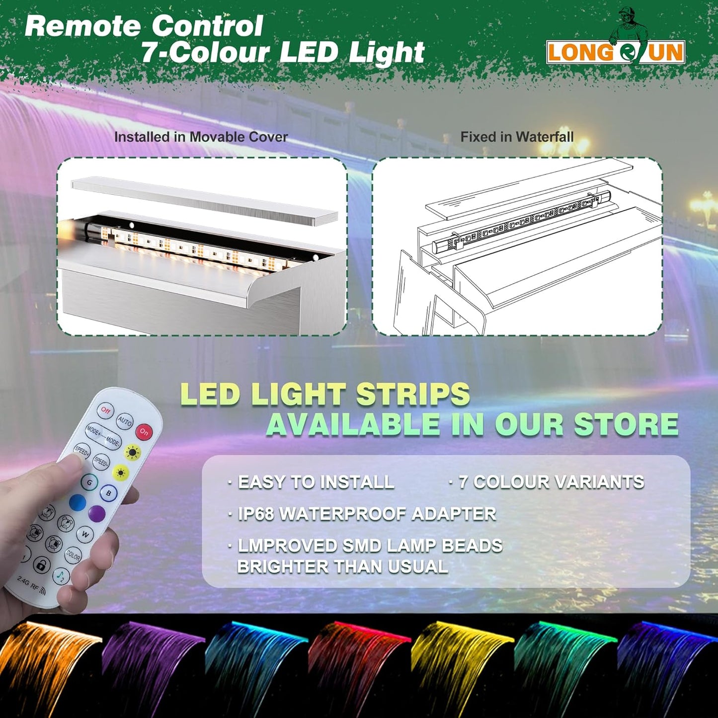 LONGRUN Waterfall Pool Fountain, Updated 5.9'' Wider Open Lip Stainless Steel Waterfall Spillway, Decorative Water Feature for Swimming Pools, Koi Ponds, Spa & Garden - 23.6''-VerdiqueGarden