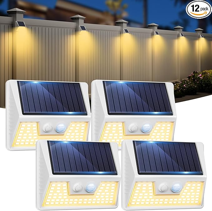 4 Pack Solar Fence Lights Waterproof, Motion Sensor Deck, Warm White LED Outside Wireless for Wall, Yard, Garden - White-VerdiqueGarden