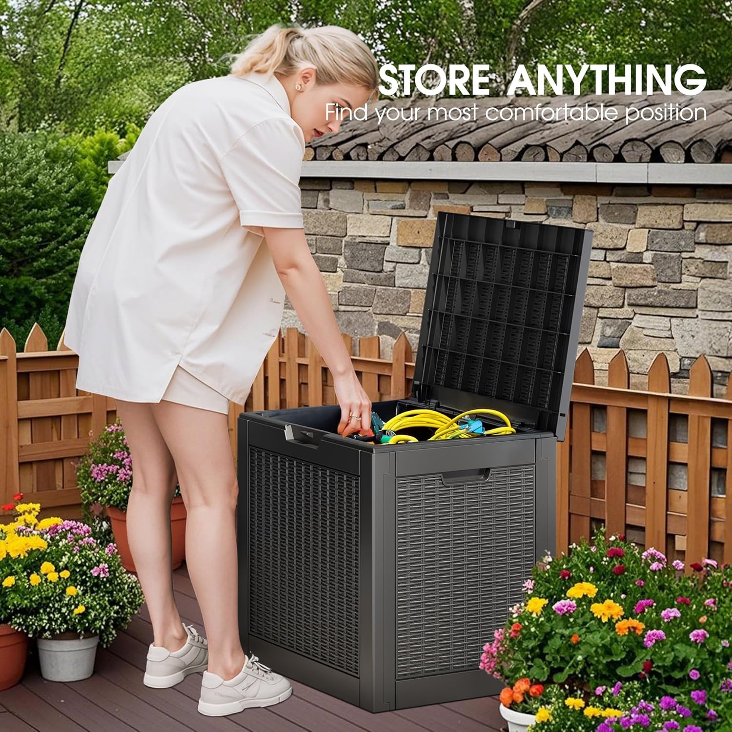 NUNU LAB Outdoor Storage Box, 33 Gallon Resin Deck Box Indoor and Outdoor Use, Waterproof Lockable Patio Storage Bin for Gardening Tools,Package Deliveries,Patio Cushions,UV Resistant,Black-VerdiqueGarden
