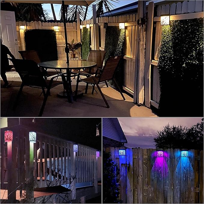 DenicMic Solar Wall Lights Outdoor Wall Sconce Fence Lighting for Patio Front Door Yard Deck Stair Led Forest Decorative Lamps, Waterproof, Warm White/Color Changing (4 Pack)-VerdiqueGarden