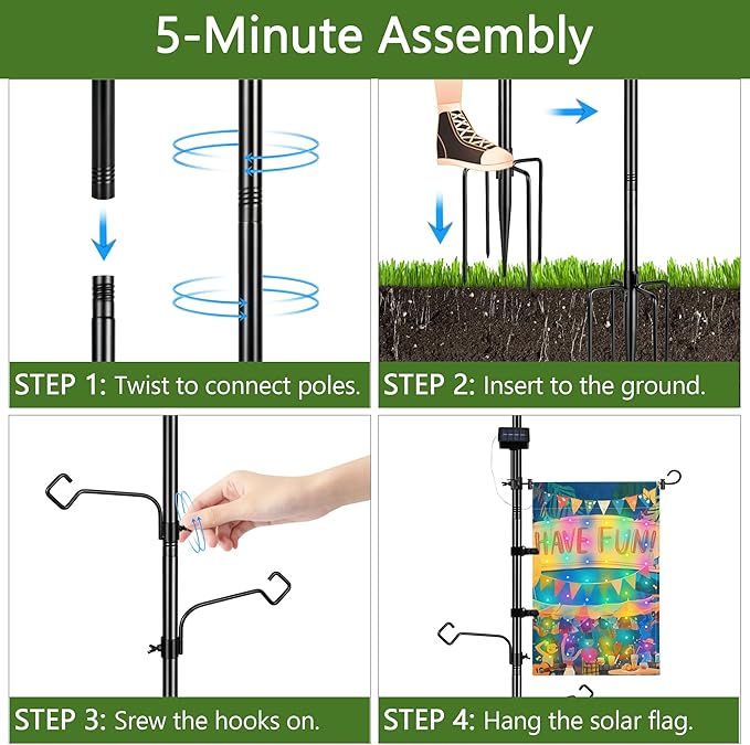 3-in-1 String Light Pole for Outside (2 Pack), Each Pack Includes 2 Hooks, 1 Solar LED Light Board & 1 Party Flag, Heavy Duty Stand for Deck, Patio, Backyard, Wedding-VerdiqueGarden