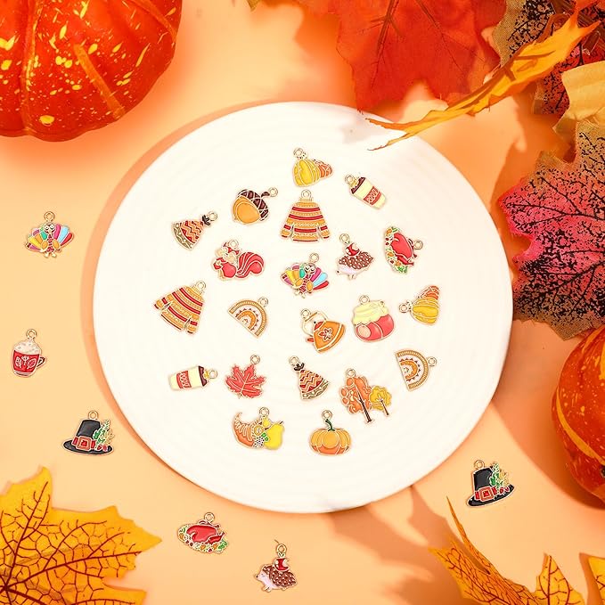 MARFOREVER 40Pcs/20 Pairs Fall Charms, Thanksgiving Charm for Jewelry Making, Autumn Pumpkin Maple Leaf Turkey Enamel Pendants for Bracelet Necklace Earrings Making Accessories