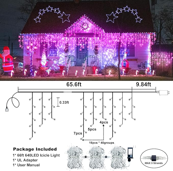 Christmas Icicle Lights Outdoor, 66Ft 640 LED Icicle Lights for Outside with 8 Modes Timers, Waterproof Plug in Twinkle String Light for House Yard Eave Patio Party Holiday Decorations, Pink-VerdiqueGarden