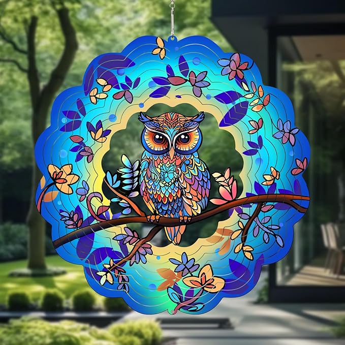 Owl Metal Wind Spinners Owl Gifts for Mom Women Grandma,12inch Hanging Wind Spinner for Outdoor&Indoor Decor Wind Kinetic Christmas Mother Ornament Gifts for Yard Garden Decoration-VerdiqueGarden