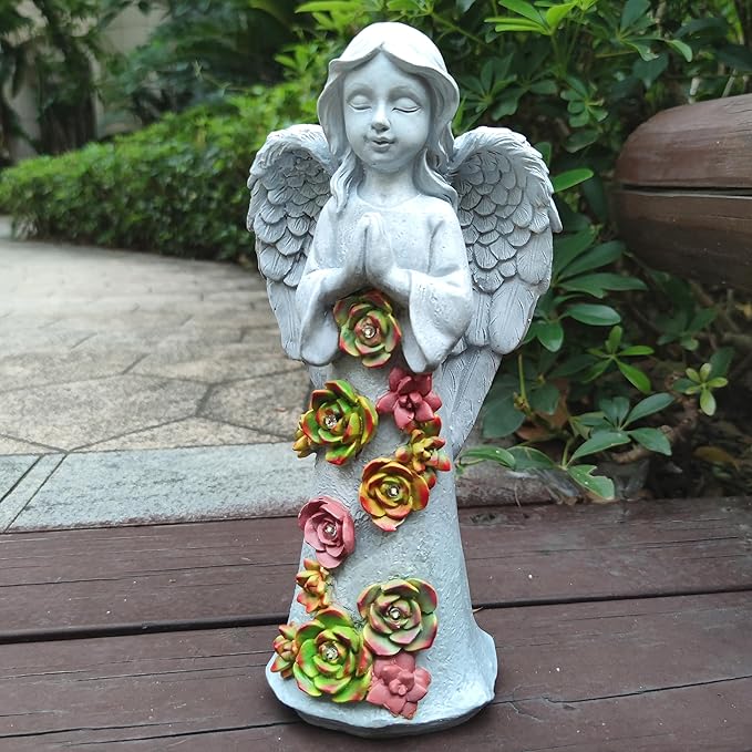 Angel Solar Garden Outdoor Statues with Succulent Plants and 6 LED Lights– Outside Solar Garden Decor Figurines -Remembrance & Sympathy Gifts Decorations-VerdiqueGarden
