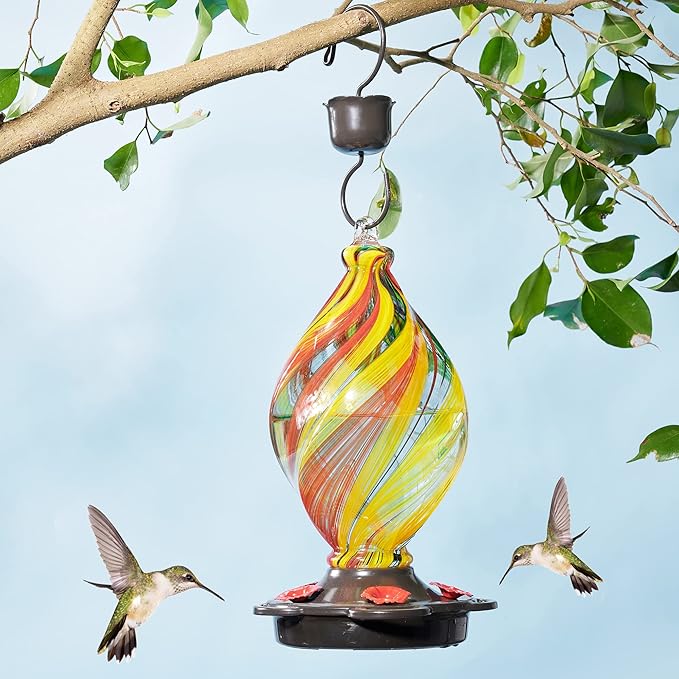 LUJII Ice Cream Shaped Spiral Hummingbird Feeder for Outdoors Hanging, Hand Blown Glass, 28 fl.oz, Leak Proof & Rustproof, Includes an Ant Moat, Unique Garden, Outside & Backyard Decor (Ribbon)-VerdiqueGarden