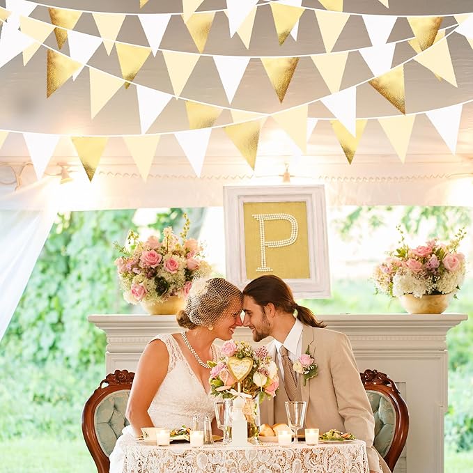 White and Gold Party Decorations Gold Beige White Fabric Triangle Pennant Banner Flag Bunting Garland for Graduation Wedding Birthday Bridal Shower Anniversary Engagement Baptism Party Supplies-VerdiqueGarden