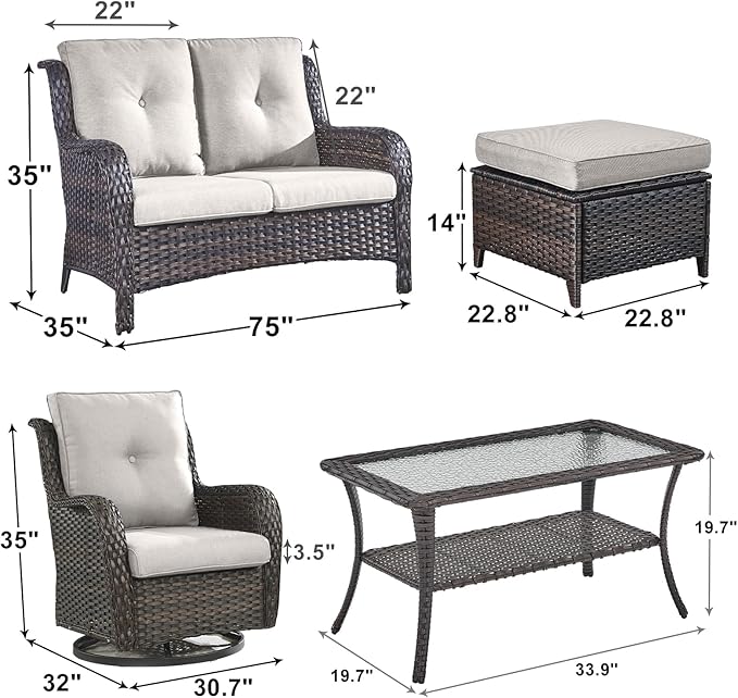 Outdoor Wicker Patio Furniture Set - 6 Piece Rattan Patio Conversation Set with 2 Rocking Swivel Chairs,2 Ottomans,1 Loveseat and 1 Coffee Table for Porch Deck Backyard Garden(Brown/Beige)-VerdiqueGarden