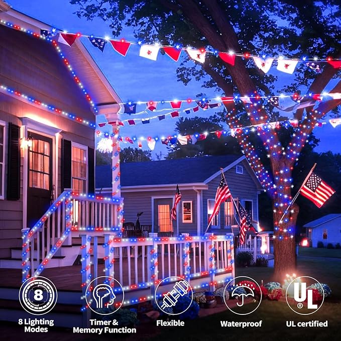 200ft LED Rope Lights Outdoor, 1440 LED Flexible Tube Lights with 8 Modes, Waterproof LED Rope Lighting for Independence Flag Day, Memorial Day, National Day, Outdoor,Indoor Decor (Red & White & Blue)-VerdiqueGarden