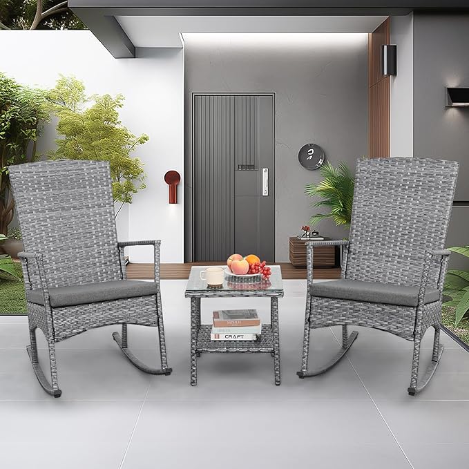 Outdoor Rocking Chair 3 Pieces High-Backed Rocking Chair Patio Rocking Chairs Outdoor Table and Chairs Anti-Slip Cushions Dark Grey-VerdiqueGarden