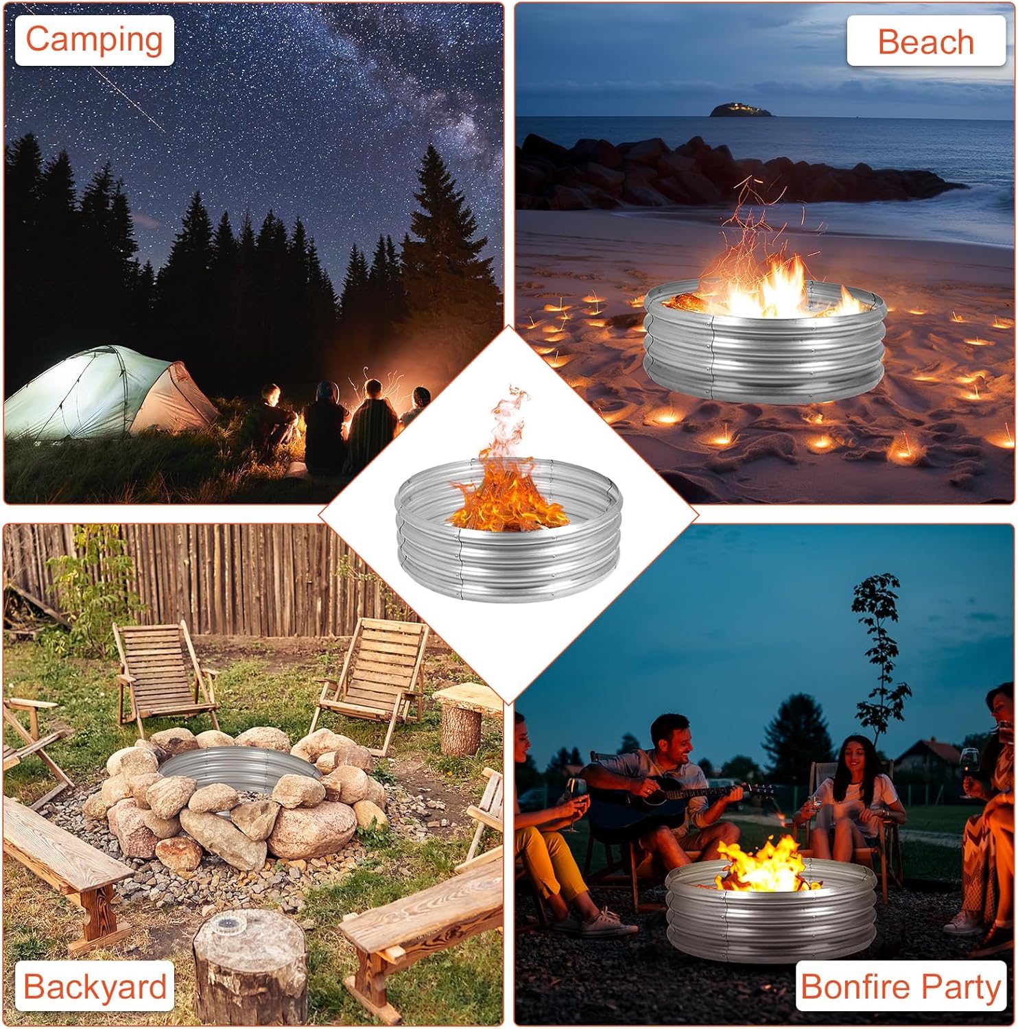 OUSHENG Galvanized Fire Pit Ring for Outside Wood Burning, Metal Firepit Liner for Above Ground Outdoor Camping Beach Backyard Park-VerdiqueGarden