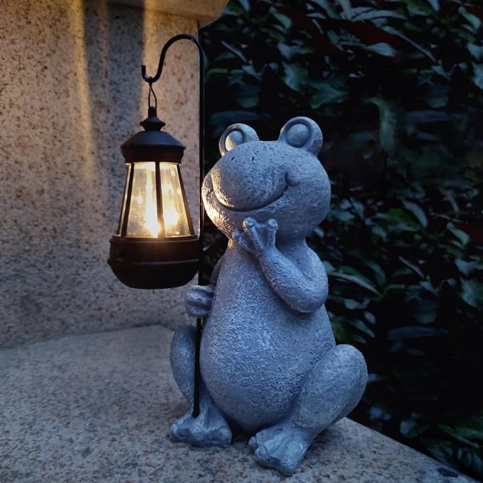 Frog Solar Garden Statues,Resin Frog Figurine Decorations with Solar Lights Lantern, Outdoor Frog Garden Decor Art for Lawn,Yard, Unique Housewarming Gift for Garden Home-VerdiqueGarden