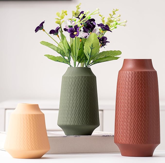 Ceramic Vase Set of 3, Modern Multicolor Pattern Flower Vases for Home Decor, Office, Centerpieces, Boho Farmhouse Style (Red/Green/Orange)-VerdiqueGarden