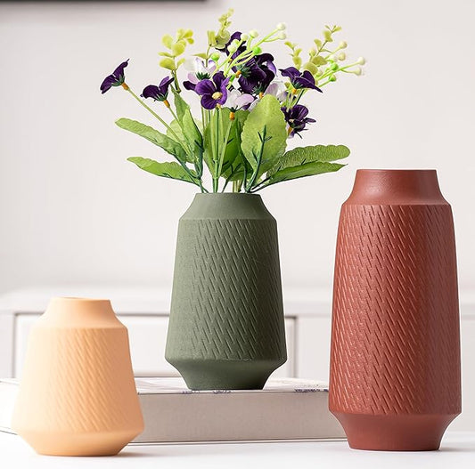 Ceramic Vase Set of 3, Modern Multicolor Pattern Flower Vases for Home Decor, Office, Centerpieces, Boho Farmhouse Style (Red/Green/Orange)-VerdiqueGarden