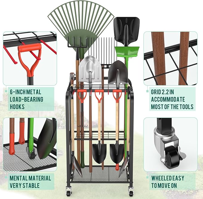 Trieez Garden Tool Organizer for Garage, Yard Tool Organizer with Wheels for Garage Organization and Storage - Sturdy Yard Tool Holder Tool Rack, for Shed, Outdoor, Tool Stand-VerdiqueGarden