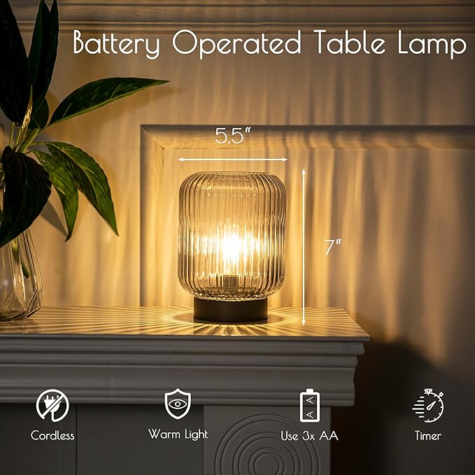 Battery Operated Lamp, Cordless Table Lamps Battery Powered Bedside Small Lamp with LED Bulb, Decorative Glass Lamp for Bedroom Living Room Home Decor-Light Grey-VerdiqueGarden