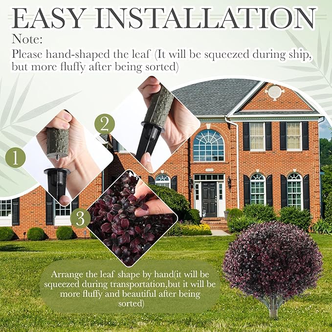 Yunlly 2 Pack 18" Artificial Boxwood Ball Bush Topiary Trees Fake Outdoor Plants, Realistic UV Resistance Faux Shrubs with Spike Greenery Topiary for Front Porch Garden Yard Patio Indoor (Dark Purple)-VerdiqueGarden