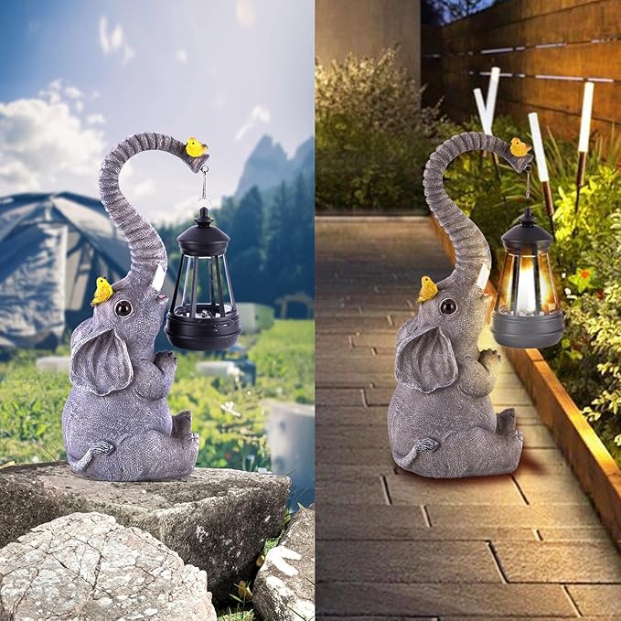 Solar Outdoor Garden Statues Lights, Mom Gifts Birthday Gifts for Women, Lucky Elephant Unique Housewarming Gifts and Yard Decoration, Elephant Figurines with Cute Birds Garden Sculpture Decor-VerdiqueGarden