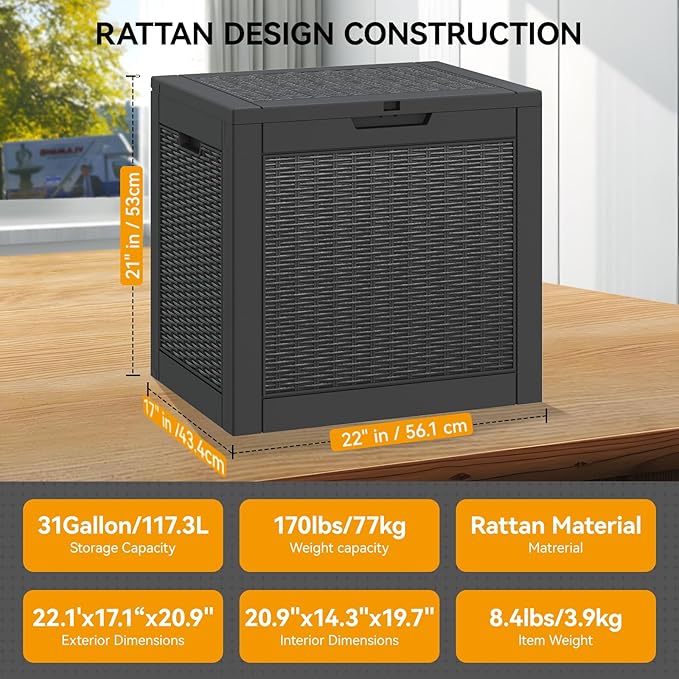 KAMABOKO 31 Gallon Outdoor Storage Box, Resin Deck Boxes Indoor and outdoor, Waterproof Storage Box Lockable Lid for Garden Tools, Package Delivery, Pool Supplies, Patio Cushions, Black-VerdiqueGarden