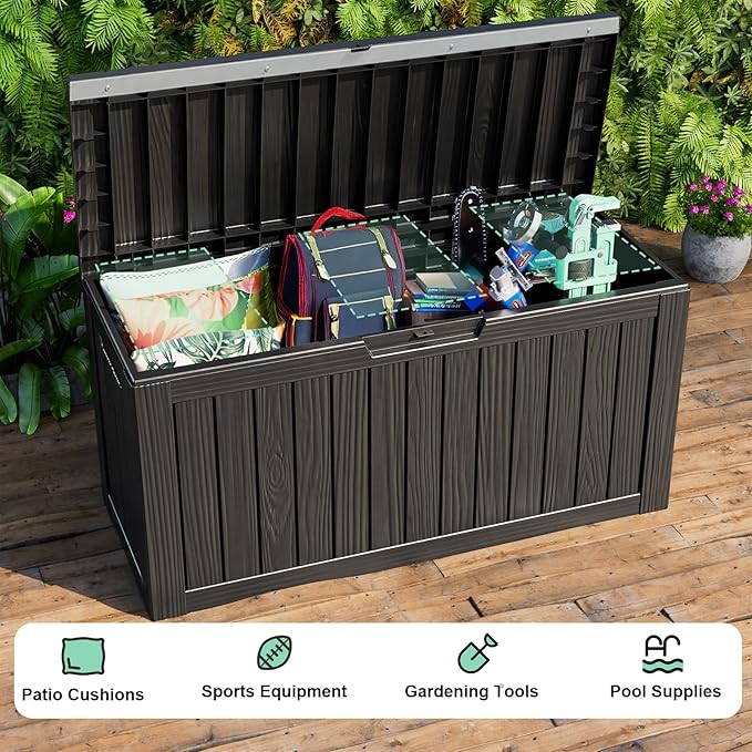 86 Gallon Outdoor Deck Box,Storage Lockable Waterproof Patio Furniture,Garden Tools,Cushions,Pool Accessories Outside Storage Resin Box(Black)-VerdiqueGarden