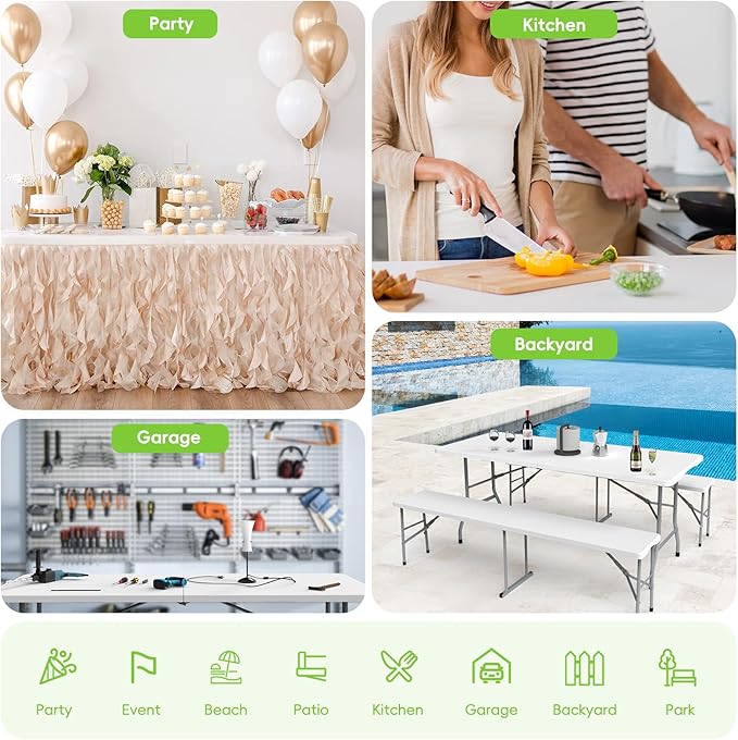 HLPB Folding Table Picnic Table 2 Pcs, 6 ft Portable Camping Table with Handle and Safety Locks, Foldable Table Plastic Dining Table Indoor Outdoor for Camping, Picnic and Party-VerdiqueGarden