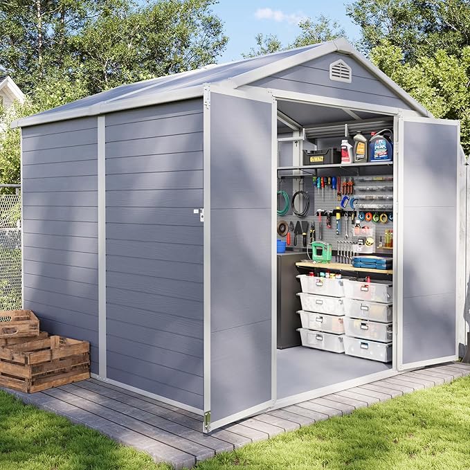 Aoxun 8 X 6.2 FT Resin Storage Shed Outdoor Plastic Large Garden Shed with Lockable Door, Floor for Backyard, Garden, Patio, Lawn, Grey (Grey, 8' x 6.2')-VerdiqueGarden