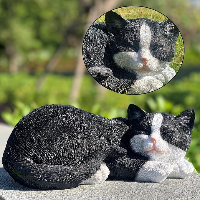 Cat Statue Outdoor Cat Figurines Garden Decor, Black Cat Statue Figurine Decor Sculpture for Patio, Yard, Sleeping Cat Statues for Indoor Table Accessory, Gift for Mom-VerdiqueGarden