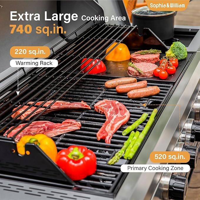 Sophia & William 6-Burner Propane Gas BBQ Grill with Side Burner & Porcelain-Enameled Cast Iron Grates, Gas Grill Griddle Combo for Outdoor Cooking, Barbecue Events, 740 SQ.IN. Cooking Area, Black-VerdiqueGarden