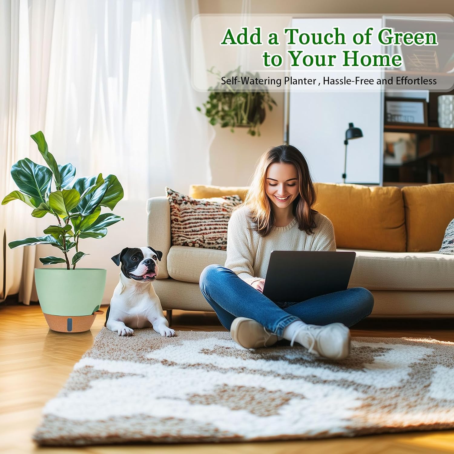 2 Pack 10 inch Plant Pots, Plastic Self Watering Planters with Drainage Holes, Deep Reservoir, Water Level Indicator, Modern Decorative Flower Pots for Indoor Outdoor Plants (Green, 10 inch)-VerdiqueGarden