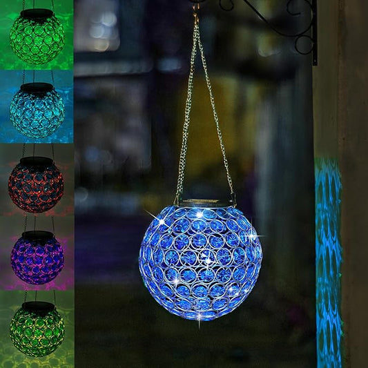Solar Lantern Hanging Outdoor Christmas Decorative, Dual LEDs Color Changing and Blue Crystal Globe Lamp Hanging Light Waterproof with S Hook Decor in Garden, Pathway, Front Door- Blue-VerdiqueGarden