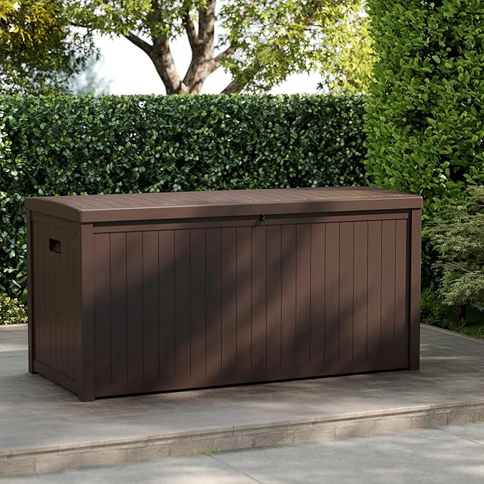 Outdoor Storage Box, 120 Gallon Deck Box Indoor and Outdoor Use, Waterproof Resin Storage Bin for Patio Cushions, Gardening Tools, Lockable, UV Resistant, Brown-VerdiqueGarden