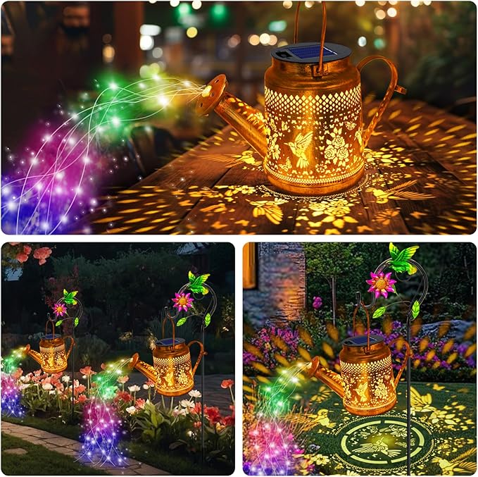 2 Pack Solar Lanterns Outdoor Waterproof,Hummingbird Watering Can Garden Decor,Hanging Solar Path Lights Yard Art,Outside Patio Decorations Gardening Birthday Gifts for Mom Grandma Women (with Hook)-VerdiqueGarden
