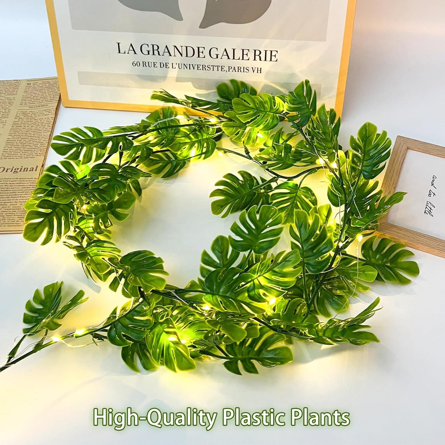 RECUTMS Artificial Monstera Leaf Vines Whit Light 2Pcs, 5.9FT Fake Hanging Ivy Plant Faux Tropical Palm Leaves Greenery Vine Garland Indoor Outdoor Garden Porch Patio Jungle Luau Birthday Party Décor-VerdiqueGarden