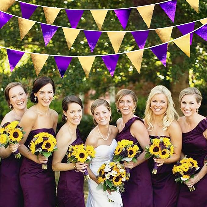 Purple and Gold Party Decorations Metallic Fabric Triangle Pennant Banner Flag Bunting Garland for Graduations Birthday Retirement Wedding Baby Shower Bachelorette Halloween Outdoor Party Supplies-VerdiqueGarden