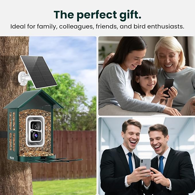 SOLIOM Solar Bird Feeder with Camera for Outdoors - AI Smart Birdhouse, 2K Live View & Instant Alerts, Squirrel Proof - Perfect Bird Watching Gift (Green)-VerdiqueGarden