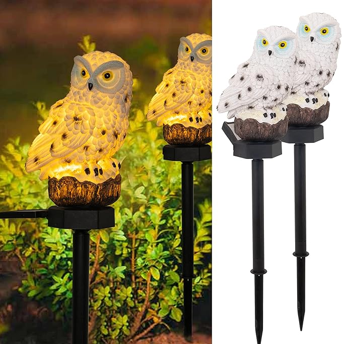 Dazzle Bright 2 Pack Owl Figure Solar LED Lights, Resin Garden Waterproof Decorations with Stake for Outdoor Yard Pathway Outside Patio Lawn Decor to Scare Birds Away, Gifts for Women, Owl Lovers-VerdiqueGarden