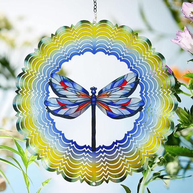 Dragonfly Metal Wind Spinners - Hanging Dragonfly Wind Spinner for Outdoor & Indoor Decorations, Dragonfly Gifts for Women Mom Grandma Wife, 12 inch 3D Wind Spinner for Ornament Gifts-VerdiqueGarden