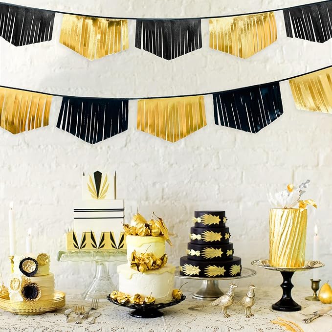 Black and Gold Tassel Banner Double Sided Metallic Fabric Pennant Bunting Flag Garland for Graduation Anniversary Bachelorette Birthday Engagement Wedding Bridal Shower Hen Party Decorations Supplies-VerdiqueGarden