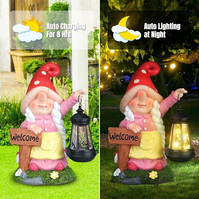 Solar Garden Gnome Statue Holding LED Lantern with Welcome Sign Outdoor Ornaments Waterproof Christmas Decoration for Outside Patio Yard Lawn Decor (Pink)-VerdiqueGarden