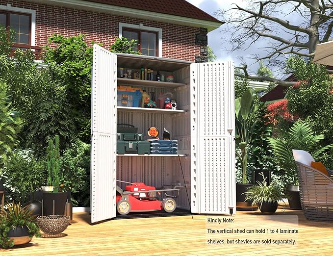 HOMSPARK Storage Shed Weather Resistance, Multi-Purpose Outdoor Storage Cabinet for Backyards and Patios, Horizontal Storage Shed for Lawnmower, Patio Accessories (White, Tall - 53 cu.ft)-VerdiqueGarden